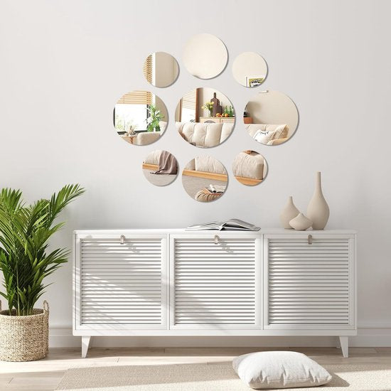 Spiegelstickers, ronde spiegeltegels, tegelspiegel, zelfklevend, zelfklevend, wanddecoratie, kleine wandspiegel, acryl spiegel, muursticker voor badkamer, keuken, woonkamer, 9 stuks