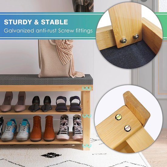 Schoenenbank, bamboe schoenenrek met kussen, schoenenkast met bank, schoenenrek met 3 vakken, stabiel staand rek, ideaal voor entree, badkamer, woonkamer, hal, natuurlijk