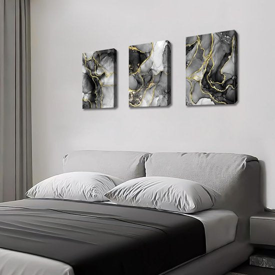 3 stuks grijs zwart goud marmer met lijst canvas foto's abstract aquarel inkt lijnen foto op canvas schilderij wandafbeeldingen wanddecoratie woonkamer slaapkamer decoraties 120 x 60 cm (16 inch x 24
