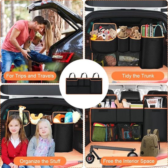 Kofferbakorganizer voor in de auto, 100 x 45 cm, grote autoopbergtas, kofferbaktas, waterdichte tas, autostoelorganizer met 6 verstelbare riemen en 3 bevestigingsriemen