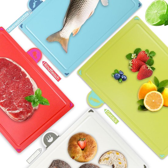 Snijplank, set van 4 kleuren plastic snijplanken met voedselpictogrammen en ladebasis, ontbijtplank antislip BPA-vrij, antibacterieel voor vis/groenten/fruit/vlees/brood