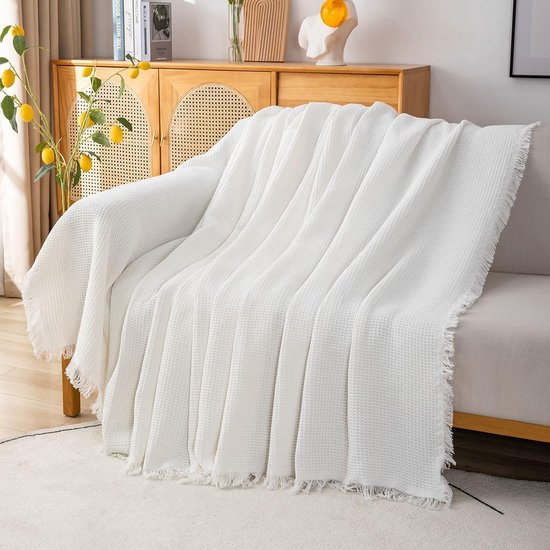 Sierdeken - hoogwaardige plaid als banksprei, bankdeken, sprei of woonkamerdeken, 180 x 300 cm wit