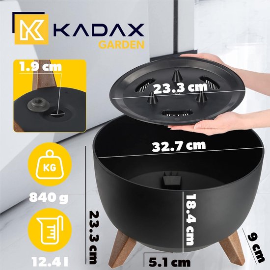 KADAX - Bloempot van kunststof met drie insteeksteunen - ronde bloembak, plantenschaal voor balkon, woonkamer - Diameter 33 cm, Zwart