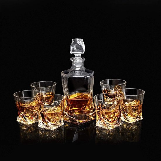 7-delige whiskyglazen en karafset, loodvrije kristalglazen, 800 ml whiskykaraf met 6 x 300 ml glazen, hoogwaardig, mooie geschenkdoos