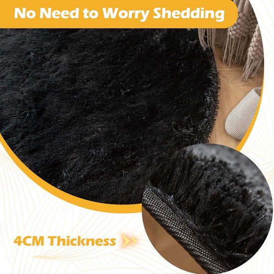 Ronde tapijten, rond, 120 cm, zacht, groot, antislip, wasbaar tapijt, woonkamer, hoogpolig tapijt, shaggy modern hoogpolig tapijt, slaapkamer gezellig bedtapijt, thuis, zwart, wasbaar