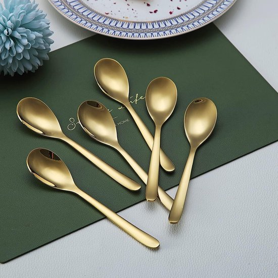 Gouden koffielepels, 6 stuks, roestvrij staal, titanium coating, vergulde theelepels, espressolepel, dessertlepel, theelepel, kleine mini-lepelset voor feestjes, vaatwasmachinebestendig