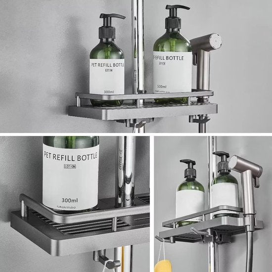 Doucheplank voor douchestang Douche zonder boren Ophangbare doucheplanken Accessoires Beugels met twee haken en douchekophaken Geschikt voor [21 mm-25 mm] douchestang Kunststof, 2 stuks grijs