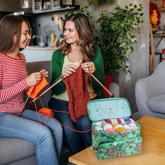 Gebreide tas, opbergtas voor wol, draadopbergorganizer, draagtassenhouder, koffer, quader met ritssluiting en tas voor breinaalden, haaknaalden, projectaccessoires (bloem)