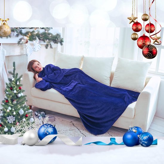 Cuddly Blanket with Sleeves and Pockets, Gifts for Boyfriend, Birthday Gifts for Men, TV Blanket, 150 x 200 cm (Blue)