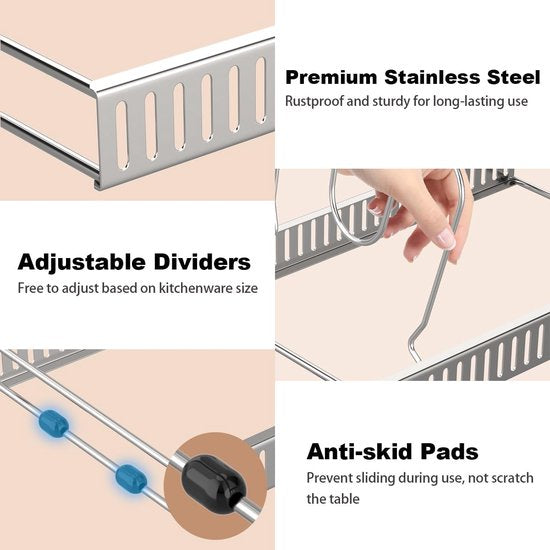 pannenhouder voor lade, uitbreidbare potdekselhouder met 7 verstelbare verdelers, potdeksel opbergpan organizer dekselhouder voor keuken, zilver