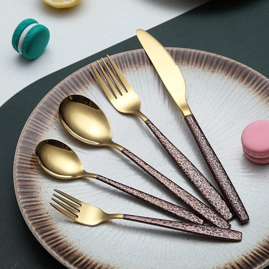 Bestekset, 30 stuks, met maanoppervlak, handvat en glanzende gouden mond, titanium coating, roestvrij staal, moderne bestekset, gebruiksvoorwerpen, set servies voor 6 stuks