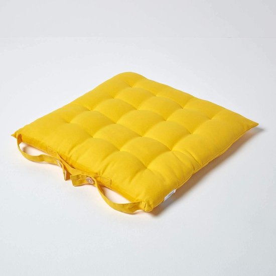 Set van 4 stoelkussens 40 x 40 cm, geel, zitkussen met bandjes en knoopsluiting, effen kussens voor stoelen met overtrek van 100% katoen en zachte polyester vulling