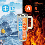 Koffiebeker om mee te nemen, dubbelwandig, roestvrij staal, vacuüm, lekvrij, met handvat en rietje, draagbare autobeker, thermobeker, beige voor koude warme dranken, beige