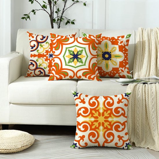 40 x 40 cm Pack of 4 Decorative Outdoor Cushions Waterproof Breathable Orange Bohemian Cushion Cover for Sofa Cushion Garden Outdoor