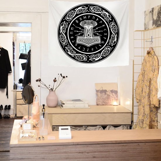 Wandtapijt Thor's hamer Scandinavische meditatie runen dode wanddoek zwart Viking Tapestry Scandinavian Gothic wandkleed slaapzaal slaapkamer 150 x 130 cm
