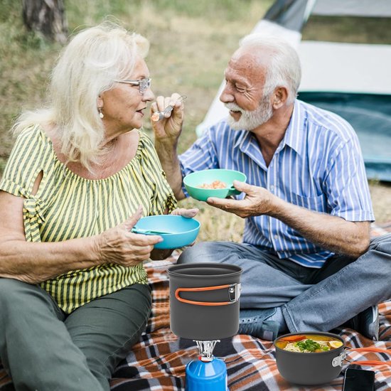 Campingserviesset met mini-campingkooktoestel, gaskoker, bestek, outdoor kookgerei voor 1-2 personen, draagbaar, opvouwbare campingpannen, campingkooktoestel, kookset voor outdoor, picknick, wandelen