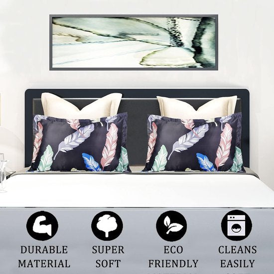 Kussensloop van 100% satijn Standaardformaat (76 x 50 cm) Goed voor haar en huid Bladpatroon Zachte luxe envelop Set van 2 (zwart)