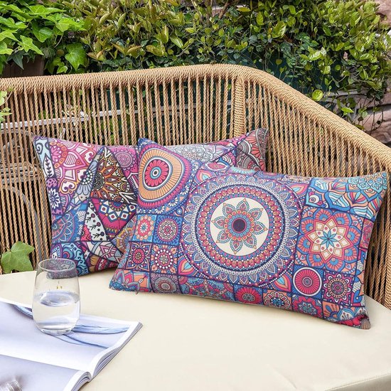 Pack of 4 Waterproof Cushion Covers Cotton Linen 30 x 50 cm Waist Pillowcase Sofa Cushion Retro Mandala Cushion Cover for Home Sofa Outdoor Garden Living Room Bedroom 12 x 20 Inches