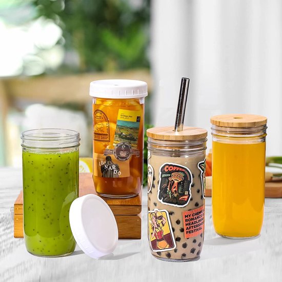 720 ml Bubble Tea mok inmaakglas glazen bekers set van 2 drinkglas met rietje en anti-schimmel bamboedeksel, brede hals Iced Coffee glas, vruchtensapbeker, Mason Glas Tumbler Cup Boba Tea glas