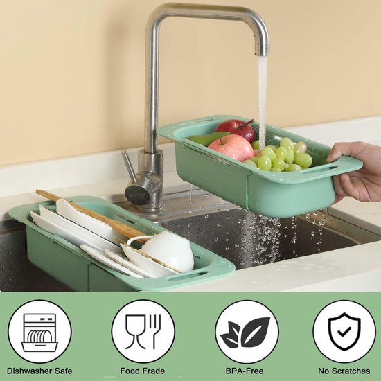 Set van 2 gootsteenzeefjes, afdruiprek voor huis en keuken, ideaal voor het wassen van fruit en groenten of kan worden gebruikt als noodle-gootsteenzeef, BPA-vrij (17 W x 37 - 49,5 L x 8 H) cm -