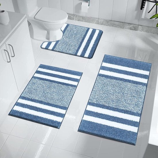Badmatten en badmattenset, 3-delig, zachte microvezel, antislip, waterabsorberend badkamertapijt, machinewasbaar, badmat en toiletmat voor douche, bad en toilet, blauw