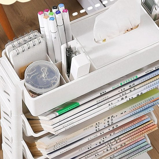 Boekenkast, boekenkast, draaibaar, beweegbaar boekenrek met grote capaciteit, afneembaar praktisch rollend organisatierek van kunststof, multifunctionele rolwagen (5 lagen)