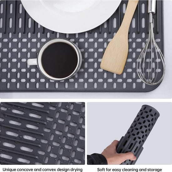 Siliconen spoelbakmat, spoelbakbescherming 43 x 32 cm, spoelbakmat 1 dikte cm, vaatwasmachinebestendig, hittebestendig en antislip, keuken-afdruiprek, beschermend inzetstuk, donkergrijs