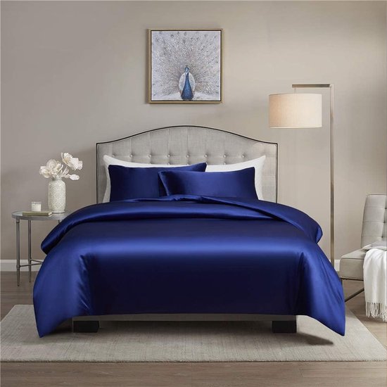 Satijnen beddengoedset, 155 x 220 cm, blauw, effen, 2-delig, luxe, aangenaam dekbedovertrek met ritssluiting en kussensloop 80 x 80 cm