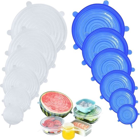 Uitbreidbaar siliconen deksel, 12-delig siliconen rekdeksel, BPA-vrije herbruikbare siliconen hoes, universeel siliconen deksel voor kommen, potten, potten, blikjes