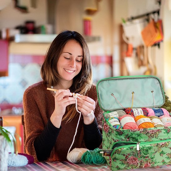 Gebreide tas, opbergtas voor wol, draadopbergorganizer, draagtassenhouder, koffer, quader met ritssluiting en tas voor breinaalden, haaknaalden, projectaccessoires (bloem)