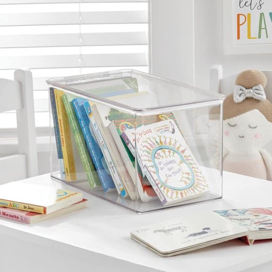 Speelgoedopbergdoos, opbergdoos met deksel om speelgoed op te bergen op een plank of onder het bed, transparant