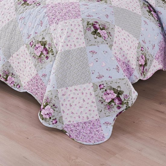Sprei, 220 x 240 cm, patchwork decoratie, deurgebaar, sprei, microvezel, zacht, multifunctionele decoratie, bankovertrek, sprei, 20 x 240 cm, met 2 kussende slops van 50 x 70 cm, grijs/violet, geuit, vintage stijl