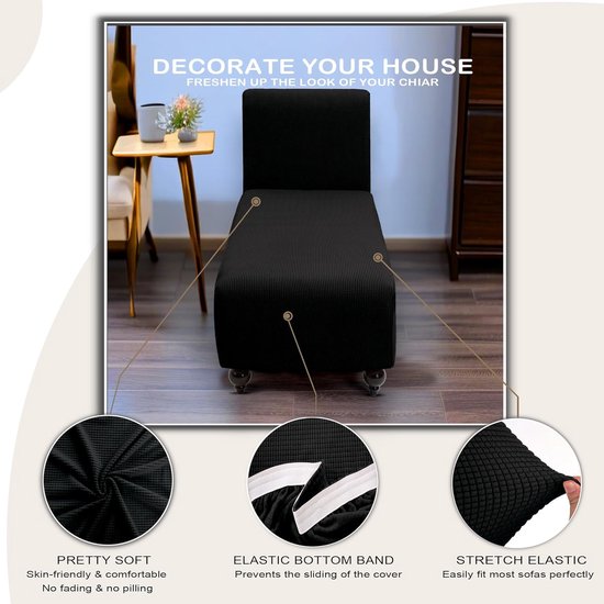 Chaiselongue stretchhoes, antislip hoes voor chaise longue bankovertrek, elastische hoes voor ligstoel, antislip, stretchhoes, comfortabele stof, meubelbescherming (zwart)
