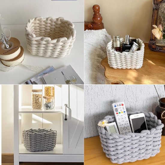 Set van 2 opbergmanden, gevlochten katoenen breimand, kleine manden, commode-organizer, decoratieve vierkante opbergplankmanden voor make-up, sokken, speelgoed (wit)