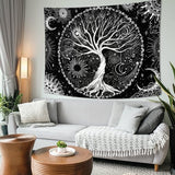 Levensboom wandtapijt zwart-wit-zon-maan-wandtapijt Galaxy Space wandtapijt zwart esthetisch wandtapijt voor slaapkamer L / 150 cm x 200 cm