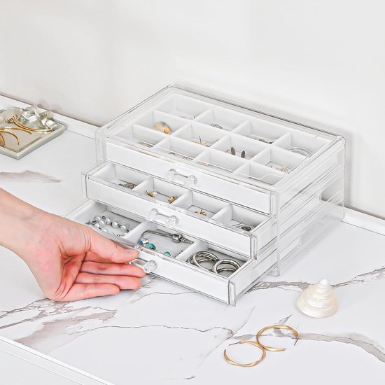 Acryl Sieraden Organizer Sieradendoos voor Dames Doorzichtige Sieradenopslag Sieradendoos Sieradendoos met 3 Laden voor Oorbellen, Ringen, Armbanden -Wit