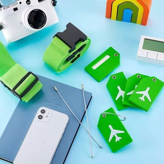 Kofferriem en naambordje in set (elk 4 stuks)- bagageband omvang tot 1,82 m - kofferbord van siliconen - Kofferriem met bijpassend naamplaatje - 97cm-182cm - Blauw