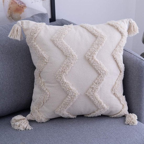 Decoratieve kussenhoes met franjes, boho, super zachte kussenhoezen, kwastjes voor bank, slaapkamer, woonkamer, 45 x 45 cm, beige