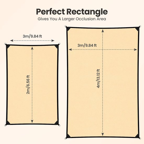 Zonnezeil, rechthoekig, 2 x 3 m, zonnezeil, vierkant, waterdicht, zonwering met inslagringen en bevestigingskoord, voor tuin, terras, camping, buiten, weerbescherming, 95% uv-bescherming, PES