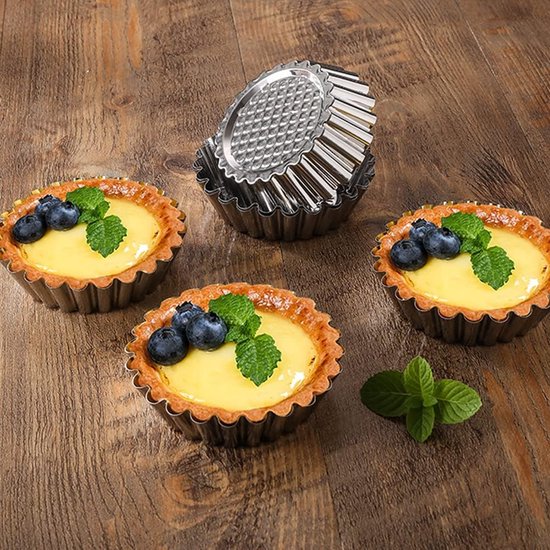 Pack of 20 Tartlet Moulds Small Tart Mould Non-Stick Coating Moulds Tart Baking Mould Set Quiche Mould Round Pie Mould Tartlet Made of Stainless Steel for Mini Cake Tart Quiche