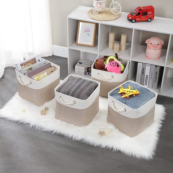 Opbergdoos stof, opbergmand Karki creme, manden stof in blokjes (30x30x30 cm) voor kast, plank en kleding, (opvouwbaar, 3-pack)
