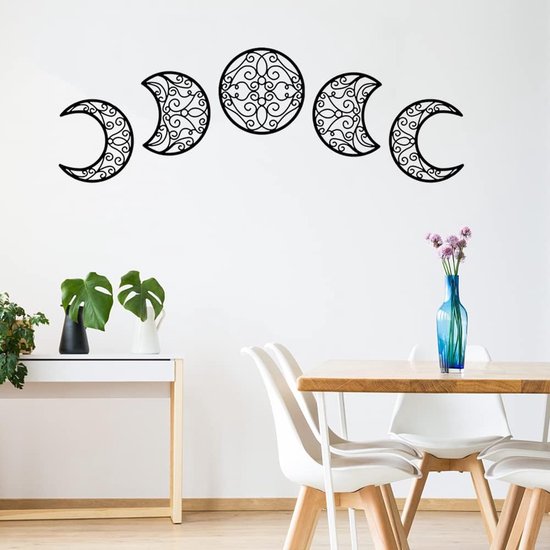 Zelfklevende maanwanddecoratie, 5 stuks houten maan wandtattooset met hol design in Scandinavische stijl, kunst wandbehang muursticker voor woonkamer slaapkamer, zwart.