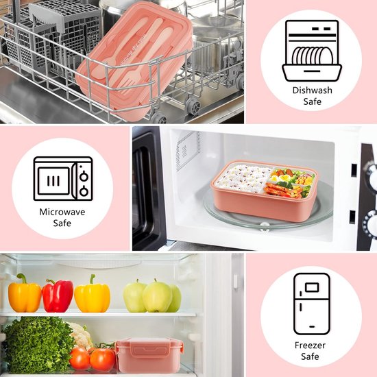 Bento Box voor kinderen en volwassenen, lunchbox voor volwassenen, broodtrommel met 3 vakken, lunchbox voor volwassenen en kinderen, met lepel en vork, magnetron- en vaatwasmachinebestendig