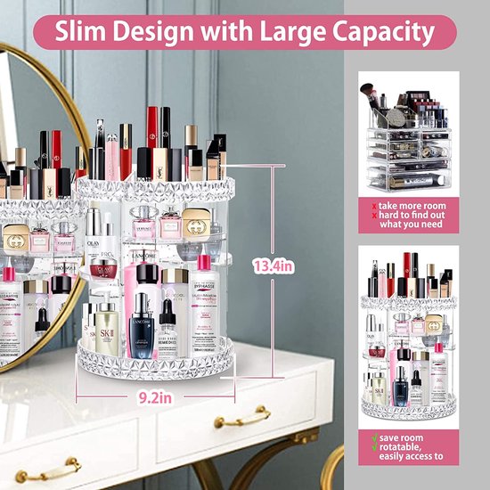 Acryl make-up organizer, cosmetische opslag, ijdelheid parfumhouder in werkblad badkamer dressoir, 360 roterende make-upstandaard voor schoonheid Caddy huidverzorging, helder & ruitpatroon