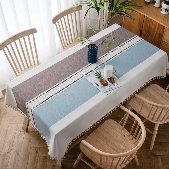 Rechthoekig tafelkleed, afwasbaar, katoen, linnen, tafelzeil, landelijke stijl, 140 x 220 cm, met kwastjes, voor thuis, keuken, eettafeldecoratie