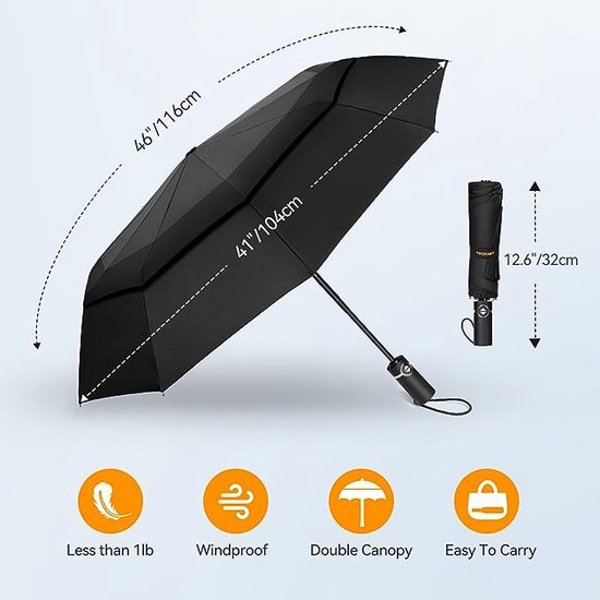 Automatische regenparaplu, sterke winddichte regendichte paraplu met 10 ribben, stormbestendige grote zakparaplu voor windbescherming, opvouwbare compacte reisgolfparaplu, zwart