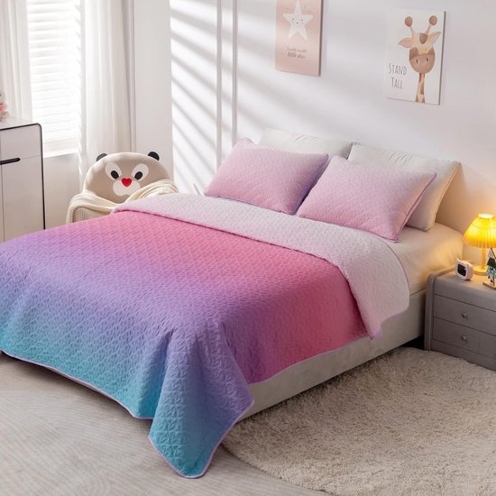 Roze gewatteerde deken, eenpersoons spreien, gradiënt blauw roze beddengoed sets voor meisjes, hartvormige deken het hele seizoen voor tienermeisjes en vrouwen, 150x200 cm