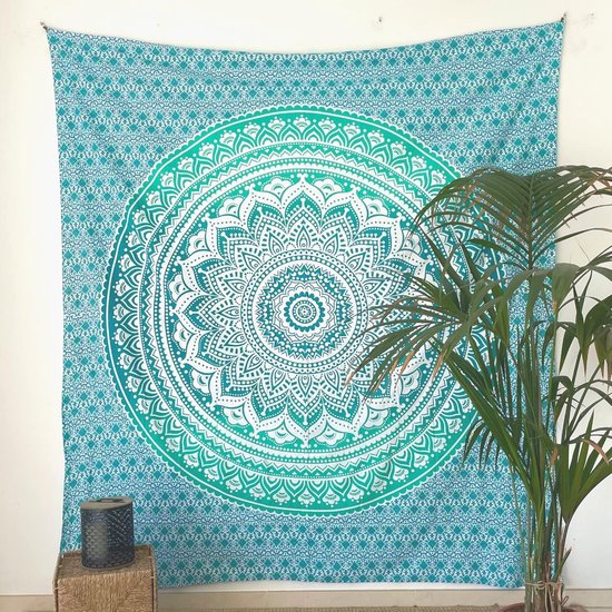 Mandala Tapestry – Natural – 100% Cotton Aesthetic Multipurpose – Wall Towel / Beach Towel XXL – Wall Decoration Living Room Decoration Bedroom – Turquoise, 210 x 230 cm