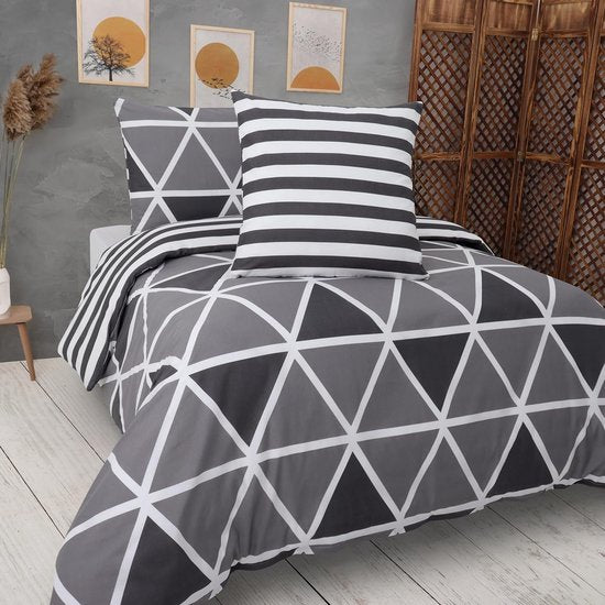 Beddengoed 140x200 2-delig grijs - Oeko-TEX 80% katoen en 20% polyester, 1x dekbedovertrek met ritssluiting + 1x kussensloop 65x65 met envelopsluiting, streepmodel.