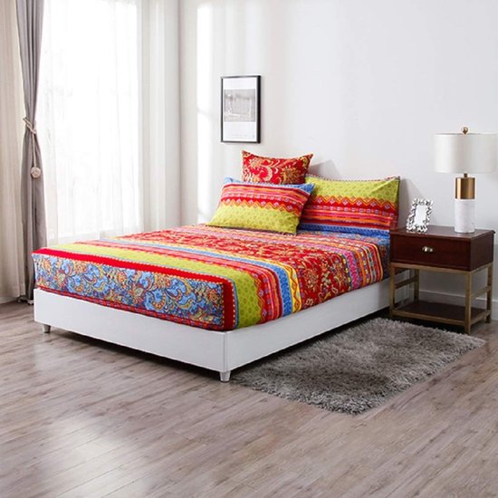 Bohemian Hoeslaken, 120 g/m², Indiaas, mandala, microvezel, jersey, rood, blauw, boxspringhoeslaken, 180 x 200 cm tot 25-30 cm matrashoogte